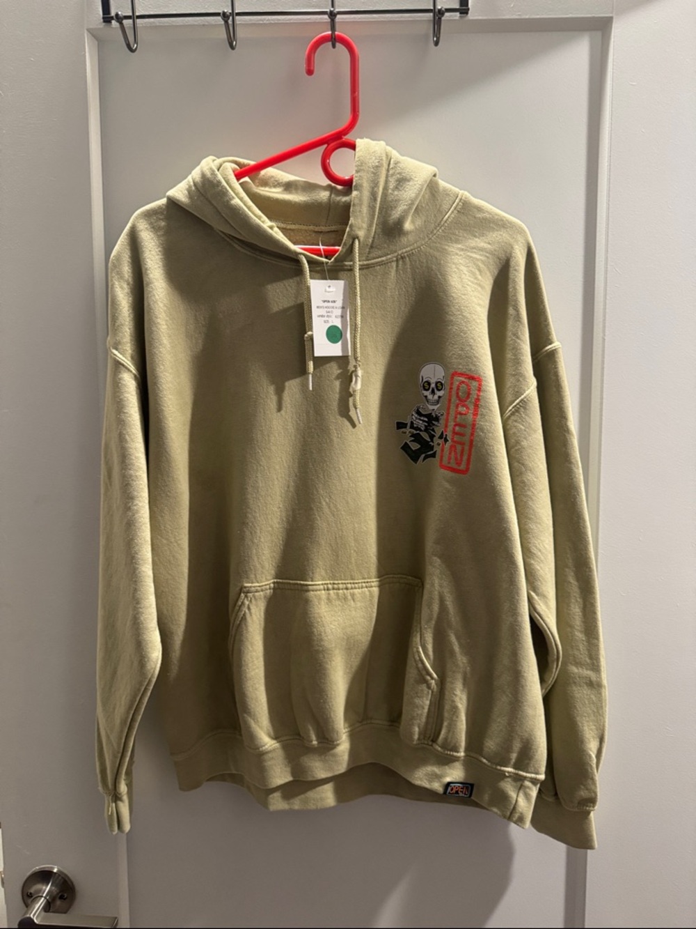 Olive Green Graphic Pullover Hoodie with Skeleton Patch